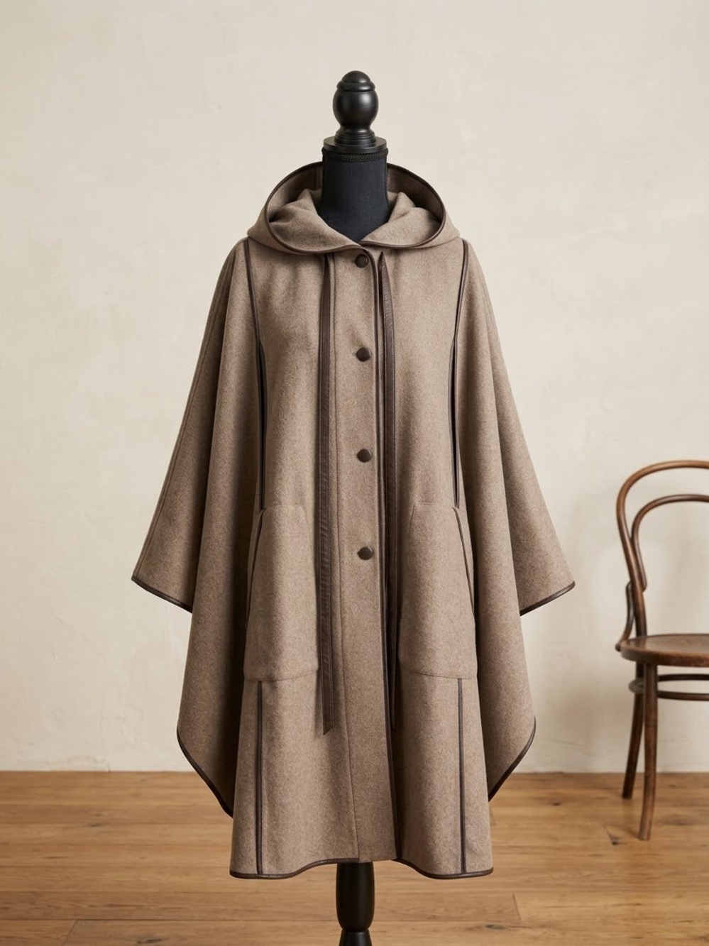 Zara Studio Wool Blend Hooded Cape Coat with Leather Trim - M/L